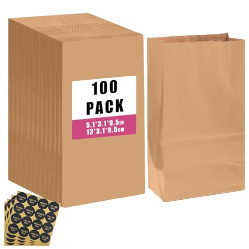 qiqee 100Pcs Treat Paper Bags 5.1"x3.1"x9.4" Brown Party Gift Bag Mini Snack Bag without Handle - size: Treat Bag - 100 Packs