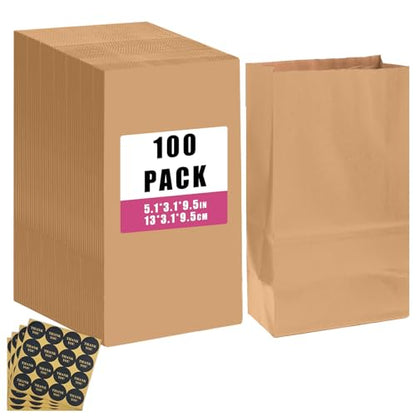 qiqee 100Pcs Treat Paper Bags 5.1"x3.1"x9.4" Brown Party Gift Bag Mini Snack Bag without Handle - size: Treat Bag - 100 Packs