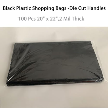 Krodtige 100 Pack 20" x 22"x 2 Mil Thick Large Black Merchandise Plastic Shopping Bags with Die Cut Handles - size: 20x22 Inches
