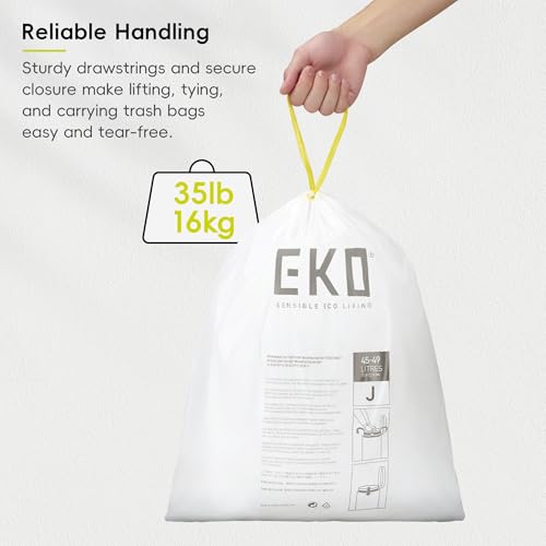EKO 12.9 Gallon / 45-49 Liter, 60 Count Drawstring Trash Bags, Extra-Strong Unscented Garbage Bags, Easy-Dispense Roll for Kitchen & Household Use, Resists Tears, Leaks and Punctures, Code J, White - size: 60 Count (Pack of 1), style: 12.9 Gallon Bags/Cod