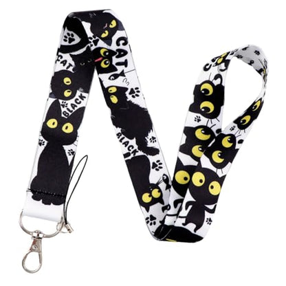 Cute Cat Lanyards for ID Badges Holder, Funny Id Badge Holder with Retratable Reel Clip & Silky Neck Lanyards, Black Cat Lanyard with Keychain for Kids, Women, Girls - color: Black Cat