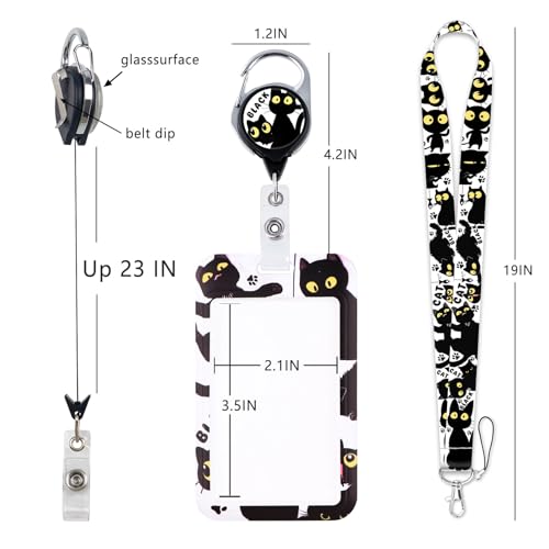 Cute Cat Lanyards for ID Badges Holder, Funny Id Badge Holder with Retratable Reel Clip & Silky Neck Lanyards, Black Cat Lanyard with Keychain for Kids, Women, Girls - color: Black Cat