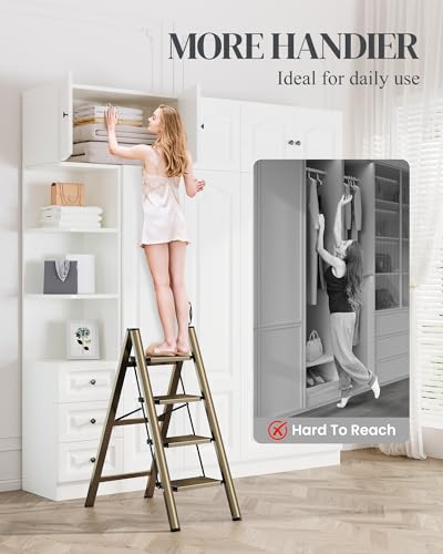 4 Step Ladder, Foldable Aluminum Step Stool with Anti-Slip Pedal - color: Champagne Gold, size: 4 Step