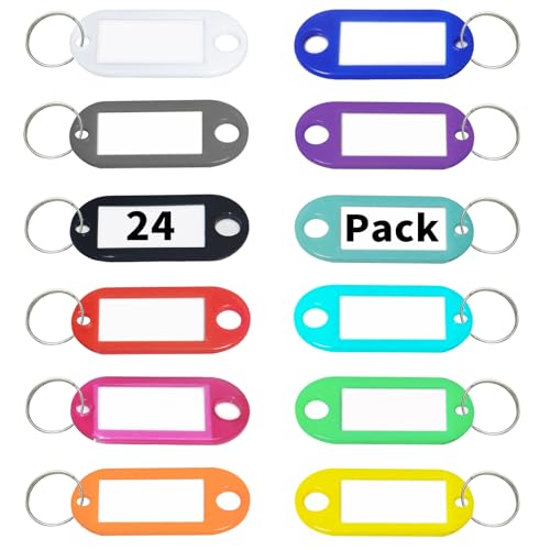 Key Tags Key Labels: 24 Pack Plastic Key Tags with Split Ring Label Window, Key Label Tags Keychain Name Tags ID Tags/Identifiers for Luggage, Bags, Suitcases, Backpacks, 12 - Colors - size: 24 Pack