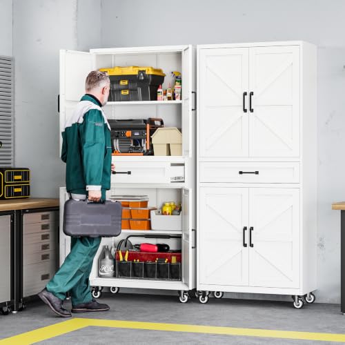 Letaya Metal Garage Storage Cabinets with Wheels,White Rolling Tool Cabinet - color: White, size: 15.7” D x 32” W x 73” H