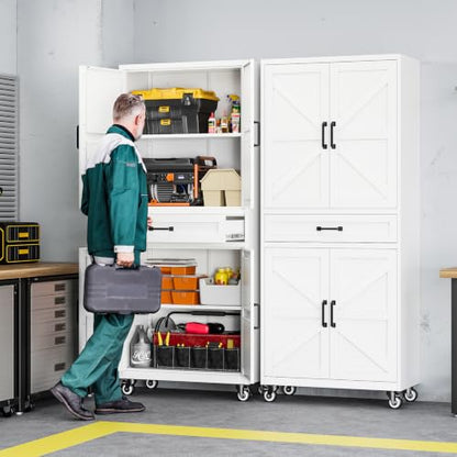 Letaya Metal Garage Storage Cabinets with Wheels,White Rolling Tool Cabinet - color: White, size: 15.7” D x 32” W x 73” H