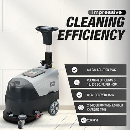 Battery Powered Walk Behind Floor and Carpet Scrubber Buffer Polisher Machine, 16" Brush, 21.5" Squeegee Width, 6.5 gal Tank, Brush Speed 200 RPM, Includes a Hard Brush Soft Brush and 3 Scouring pads - size: 16" Manual