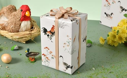 Sikiweiter Ink Painting Farm Animal Wrapping Paper Roll, 17 Inch x 16.5 Feet, Watercolor Duck and Rooster Gift Wrap with Floral Grass Design, Rustic Farmhouse Wrapping Paper for Birthday, Baby Shower, Spring Gifts(Chickens and Ducks) - color: Chickens and