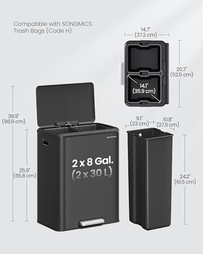 SONGMICS Trash Can, 2 x 8 Gallon (2 x 30 L), Stainless Steel - color: Ink Black