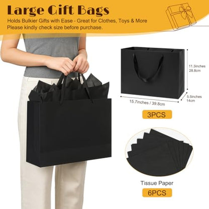 Shintop 3Pcs Extra Large Black Gift Bags with Handles (15.7x11.3x5.5in) - color: XL-3-Black