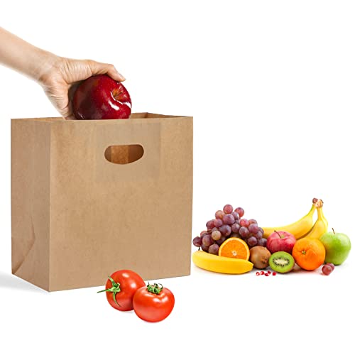 Foraineam 100 Pack Kraft Paper Bags, 11x6x11 Inch Natural Brown Paper Party Favor Goody Snack Gift Bag with Die Cut Handle, Bakery, Retail