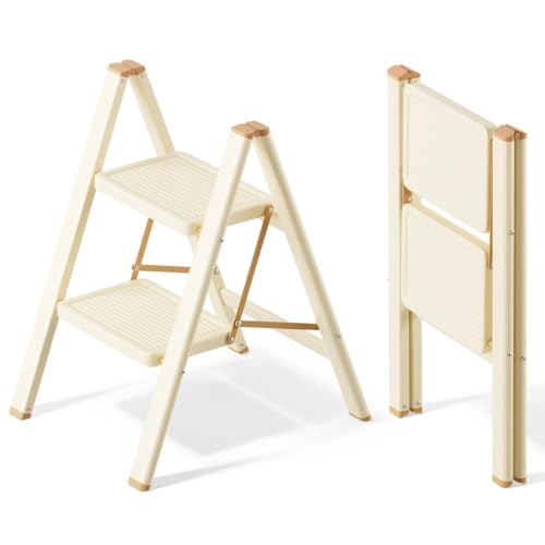 SOLADDER 2 Step Ladder, Folding Step Stool, Cream Chocolate - color: Cream Chocolate, size: 2 Step