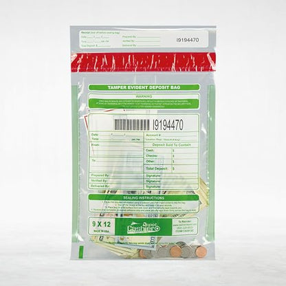100 Cashier Depot - Tamper Evident Bank Deposit Bags, 9" x 12" Clear, 100 Count, Serialized Numbering with Barcode, Press and Seal Void Closure, Perforated Receipt, Made in USA