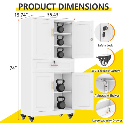 pozdeg 74" White Lockable Rolling Metal Garage Storage Cabinet - color: White
