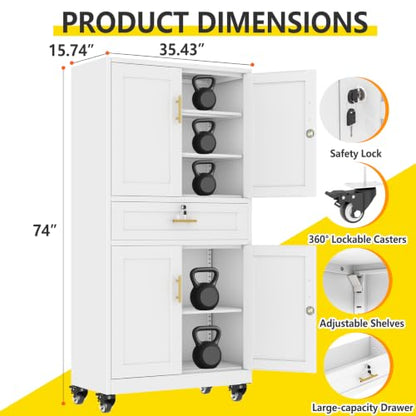 pozdeg 74" White Lockable Rolling Metal Garage Storage Cabinet - color: White