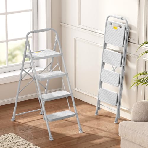KINGRACK 4 Step Ladder, Folding Step Stool with Safety Lock & Sturdy Anti-Slip Pedals, Pass 800lbs Load Testing, Lightweight, Portable Steel Ladder with Handrails for Home, Kitchen, Garage, Office - size: 4-step