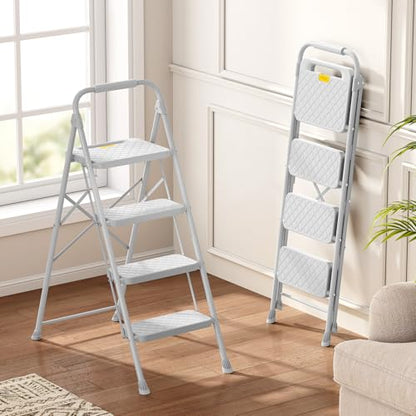 KINGRACK 4 Step Ladder, Folding Step Stool with Safety Lock & Sturdy Anti-Slip Pedals, Pass 800lbs Load Testing, Lightweight, Portable Steel Ladder with Handrails for Home, Kitchen, Garage, Office - size: 4-step