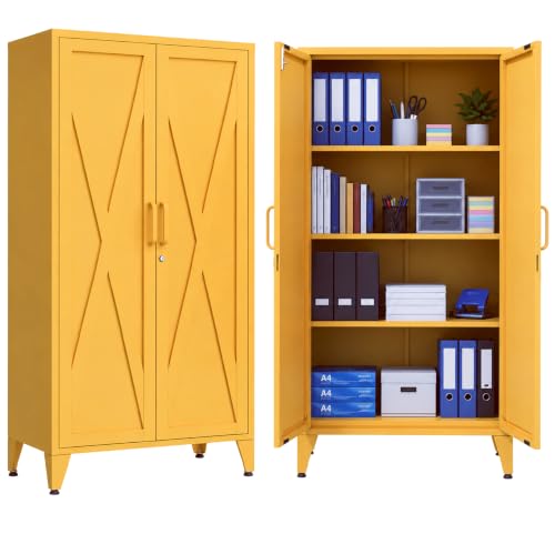 61" Tall Yellow Farmhouse Metal Kitchen Pantry Cabinet, Lockable Freestanding Storage Cabinet with 2 X-Shape Metal Doors & 3 Adjustable Shelves, Cupboard with Legs for Home, Bedroom, Garage, Office - color: Mustard, style: Pantry-61"H-DH