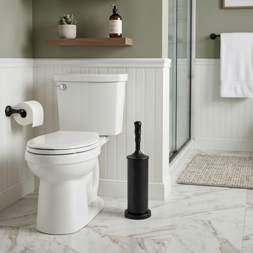 ROLABAM Toilet Bowl Brush and Holder Set, Rustproof Metal Toilet Cleaner Brush for Deep Cleaning, Heavy Freestanding Base with Splash Guard & Extended Handle, Space Saving Bathroom Accessory - color: Black-3
