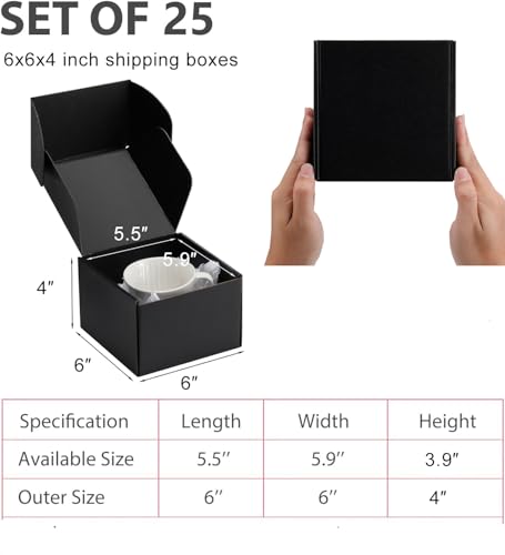 6x6x4 inch Black Shipping Boxes for Small Business- Set of 25 - color: Black, size: 6x6x4
