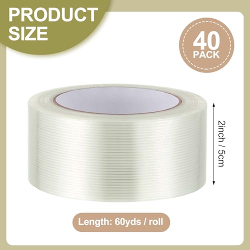 Treela 40 Rolls Strapping Tape Bulk 2 Inch X 60 Yards 5.5 Mil Fiberglass Filament Tape Transparent Reinforced Heavy Duty Packing Strips for Shipping Sealing Binding Fixing