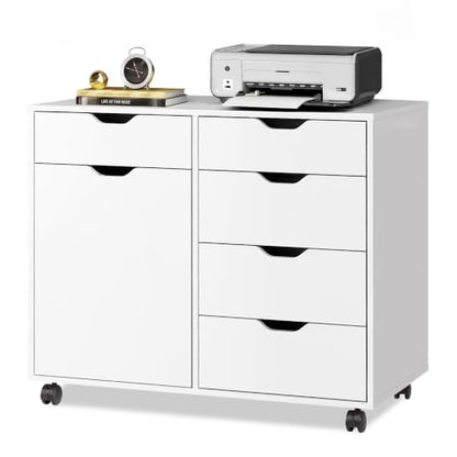 DEVAISE 5-Drawer Wood Office Cabinet, Craft Storage Cabinet, White - color: White - 3 Medium + 2 Small
