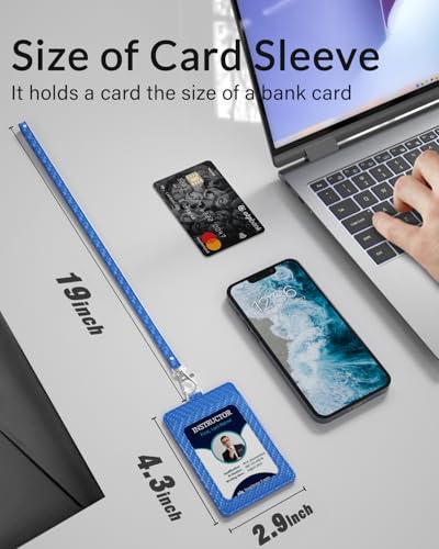 Carbon Fiber Work ID Card Holder with Lanyard, Blue - color: Blue