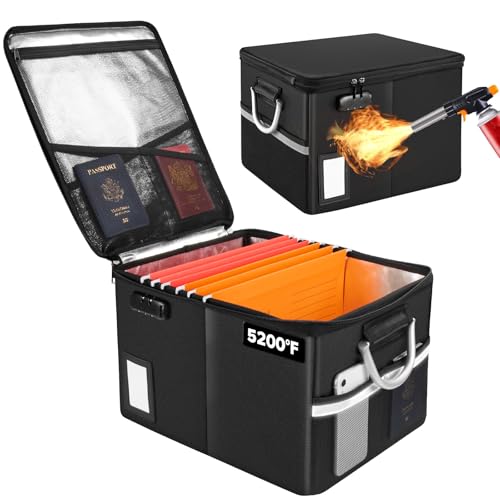 TOMKID 5200°F Fireproof Document Box, Fire Important Document Organizer with Lock, Upgraded Heat Insulated Filing Storage Cabinet Office Organization (5200°F Fireproof Box, Black) - color: Black-Upgrade