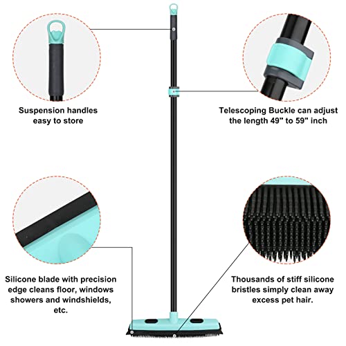 Rubber Broom Carpet Rake for Pet Hair Removal, Fur Remover Broom with 59" Telescoping Long Handle, Pet Hair Broom with Squeegee for Carpet, Hardwood Floor, Tile - color: Elegant Blue Rubber Broom