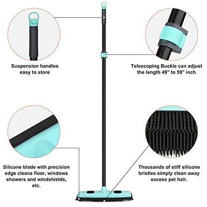 Rubber Broom Carpet Rake for Pet Hair Removal, Fur Remover Broom with 59" Telescoping Long Handle, Pet Hair Broom with Squeegee for Carpet, Hardwood Floor, Tile - color: Elegant Blue Rubber Broom
