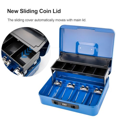 Jssmst Metal Cash Box with Money Tray and Lock, Portable Cash Drawer, 11.8" - color: Blue Code-B