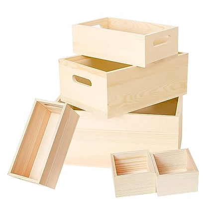 6 Packs Unfinished Wooden Box 5 Sizes Natural Handles