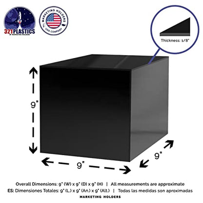 9 Inch Black Acrylic Display Box Counter Retail Merchandise Storage Bin No Lid with Open Bottom Flippable Cubby for Tradeshows and Expos by Marketing Holders - size: 9"w x 9"h Black