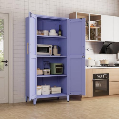 61" Tall Purple Lockable Metal Storage Cabinet, Farmhouse Pantry Cabinet with 2 Square-Pattern Doors & 3 Adjustable Shelves, Freestanding Cupboard with Legs for Home, Office, Laundry, Entryway - color: Lilac, style: Cabinet-61"H-DL