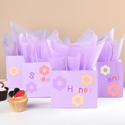 DjinnGlory 24 Pack Mini Tiny Small Lavender Purple Paper Gift Bags with Handles 6x5x2.5 Inch and 24 Tissue Paper for Merchandise Wedding Baby Shower Birthday Party Favors Goodies - color: Purple
