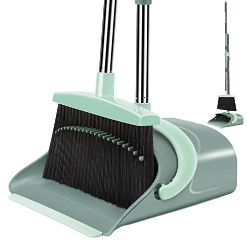 Ivandar Broom and Dustpan Set for Home, Dust pan with Long Handle, Broom with Dustpan Combo Set, for Home Kitchen Room Office Lobby Floor Use Upright Stand Up Sweeping (Gray&Green) - color: Gray&green
