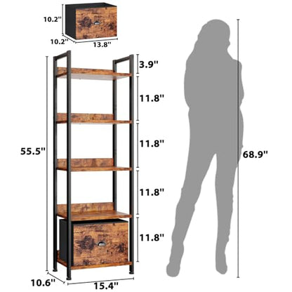 Furologee 5 Tier Bookshelf with Drawer, Tall Narrow Bookcase, Rustic Brown - color: Rustic Brown, size: 5 Tier