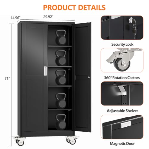 pozdeg 71" Black Lockable Rolling Metal Garage Storage Cabinet - color: Black, size: 14.96"D x 29.92"W x 71"H