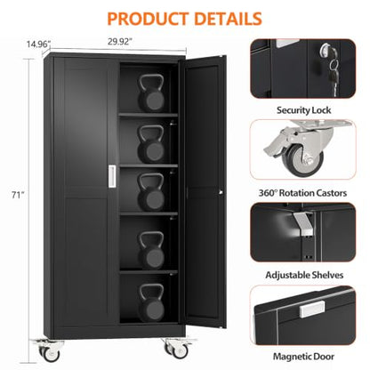 pozdeg 71" Black Lockable Rolling Metal Garage Storage Cabinet - color: Black, size: 14.96"D x 29.92"W x 71"H