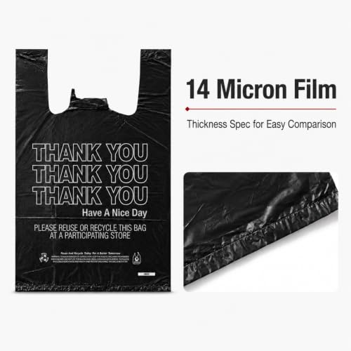 Black Thank You T-Shirt Bags, 10 x 5 x 18 in, 14 Micron, 1000 Count