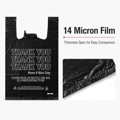 Black Thank You T-Shirt Bags, 10 x 5 x 18 in, 14 Micron, 1000 Count