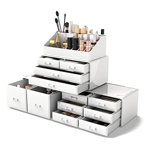 Readaeer Makeup Cosmetic Organizer Storage Drawers Display Boxes Case with 12 Drawers (White) - color: White