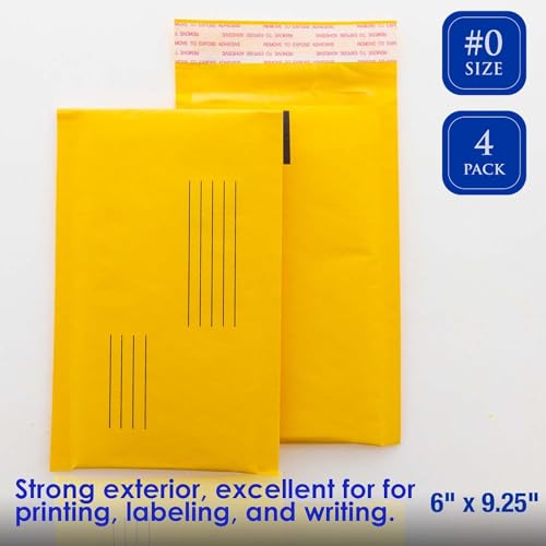 Kraft Bubble Mailers #0 Size 6"Wx9.25"L Self Seal Closure, Padded Cushion Envelope, Yellow Brown Mailing Shipping Envelopes Paper Bag 4PC