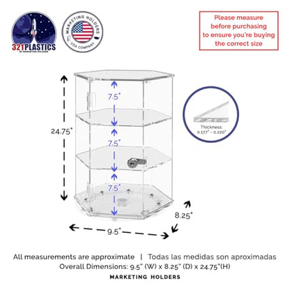 Marketing Holders Spinning Acrylic Cabinet 24" High Clear Locking Case with 2 Shelves Hexagon Shape Countertop Retail Display 2 Keys Included for Bakeries Gift Shops Galleries and Museums