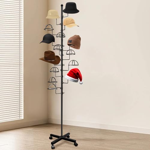 Montex Freestanding Hat Rack Stand, Wig Display Stand, Metal Hat Organizer Rack with 14 Customisable Circular Hooks, Hats Tree Stand Floor Standing Hat Display, Black - color: Black