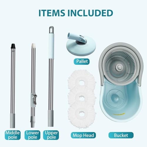 Spin Mop and Bucket with Wringer Set, Operable 360° Rotating Mop Bucket Set with 3 Microfiber Replacement Head, Stainless Steel Extended Handle for Floor Cleaning Home Office（Blue）