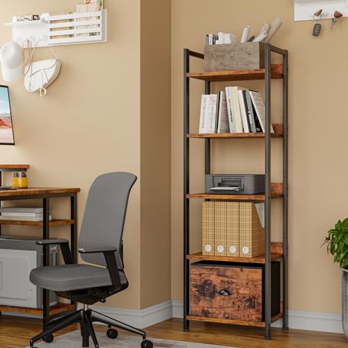 Furologee 5 Tier Bookshelf with Drawer, Tall Narrow Bookcase, Rustic Brown - color: Rustic Brown, size: 5 Tier