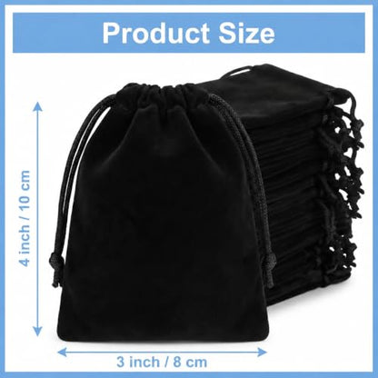50 Pack Little Velvet Jewelry Bags, Black Drawstring Bags, 3x4 inch Small Gift Bags, Coin Pouch Velvet Bags for Jewelry Storage, Wedding Party Favor Small Business Packaging