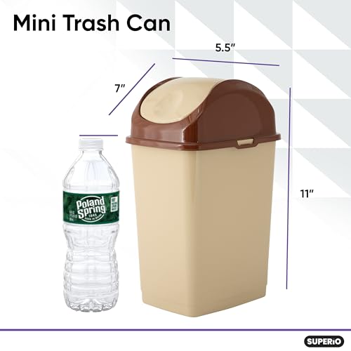 Superio Mini Desktop Trash Can with Swing Top Lid Portable Plastic Garbage Can for Countertop, Desktop, Make up Vanity, Bathroom, Car, Under Sink, Dorm, Compact Waste Bin 5 L, 1.25 Gal (2, Beige) - size: 1.25 Gallon, style: 2 Pack