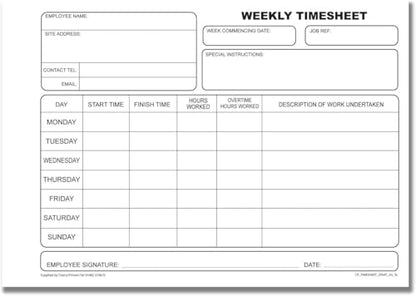 Cherry Printers | NCR | Weekly Timesheet | Duplicate Book | A5 | 40 Sets